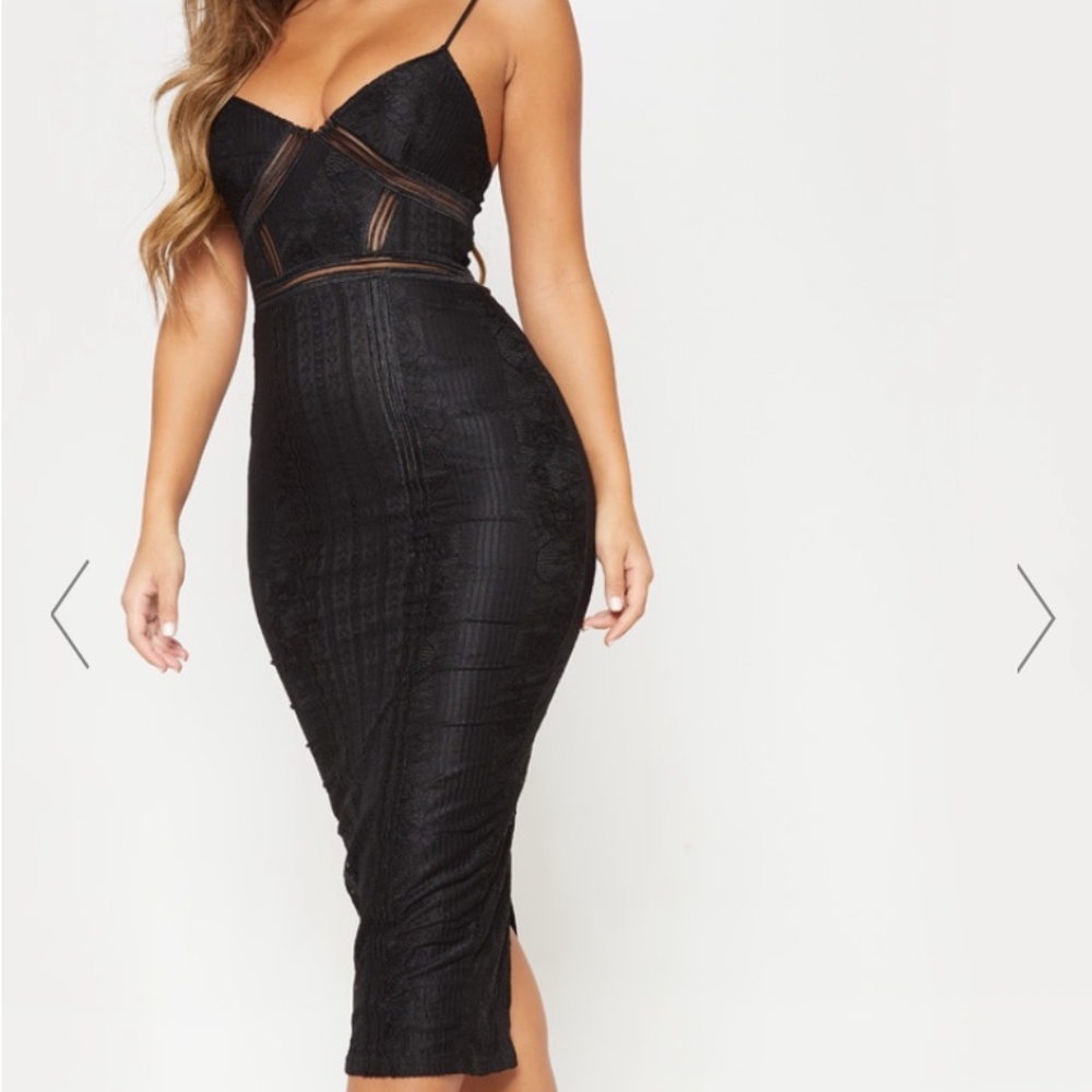 BLACK LACE MESH STRIPE INSERT MIDI DRESS